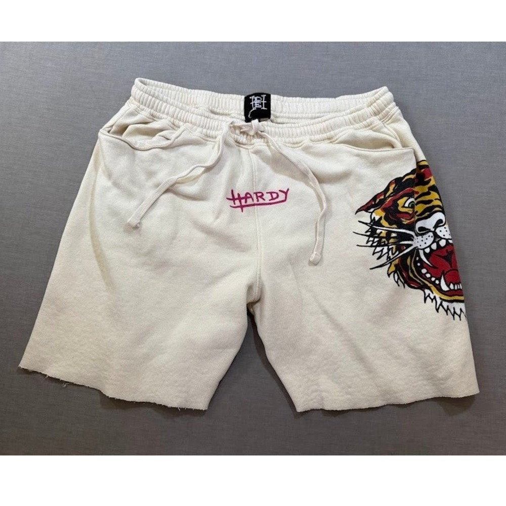 ED Hardy Tiger Graphic Sweat Shorts‎ Cream Drawstring Lounge Casual Size L 32X7.